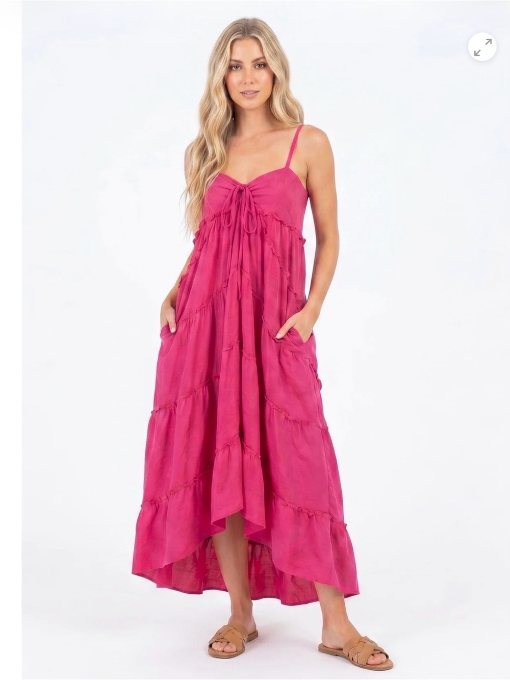 LoveStitch Fuchsia Pink Tiered Maxi Dress L NWT Boho Resort Dobby Tie Front